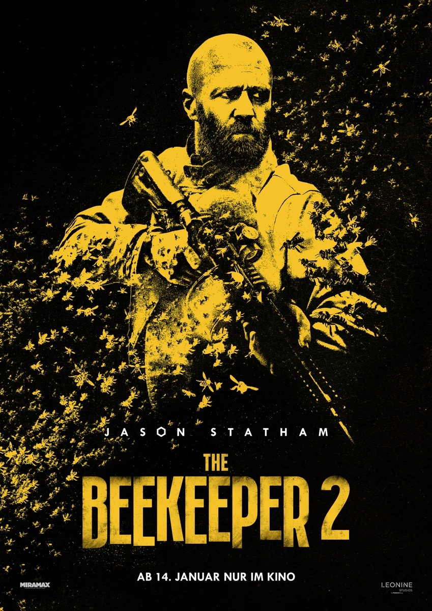 German Beekeeper 2 teaser poster showing Jason Statham as Adam Clay holding a rifle, surrounded by yellow bees on a black background.