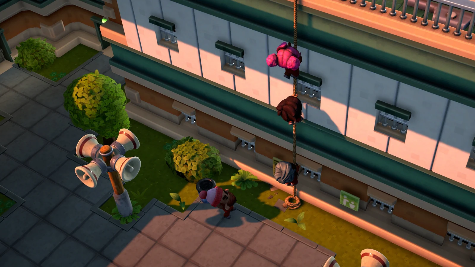 The Escapists 3 screenshot showing an inmate climbing a pipe outside a three-dimensional prison building