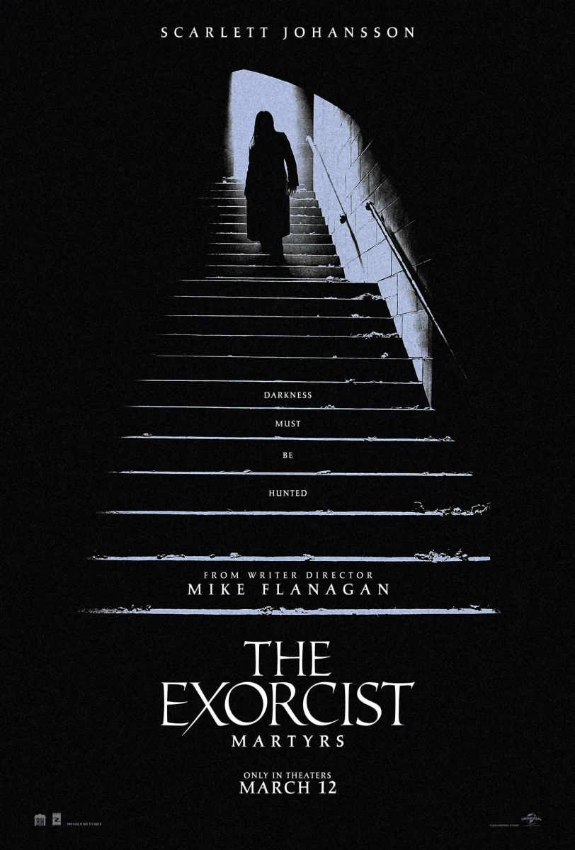 Official The Exorcist: Martyrs poster showing a silhouetted woman on a dark staircase, with Scarlett Johansson and Mike Flanagan credited.