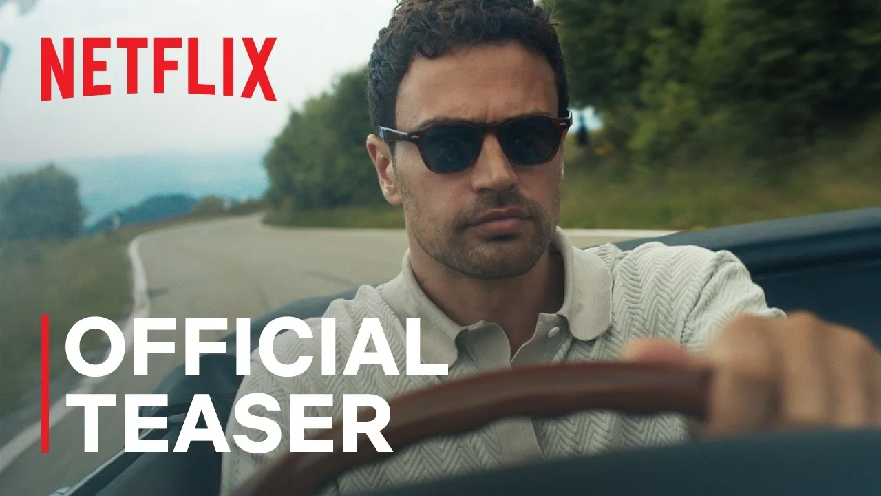 Theo James as Eddie Horniman driving a convertible on a winding road in the official The Gentlemen Season 2 teaser thumbnail.
