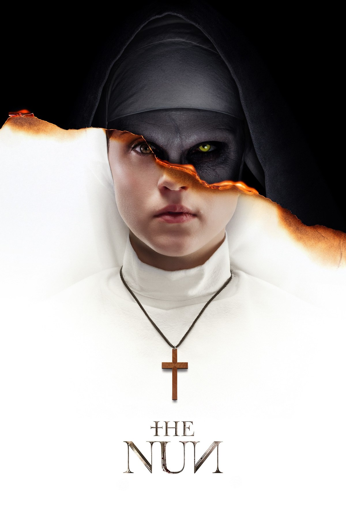 Official poster for The Nun (2018), showing Sister Irene's face torn away to reveal Valak underneath.