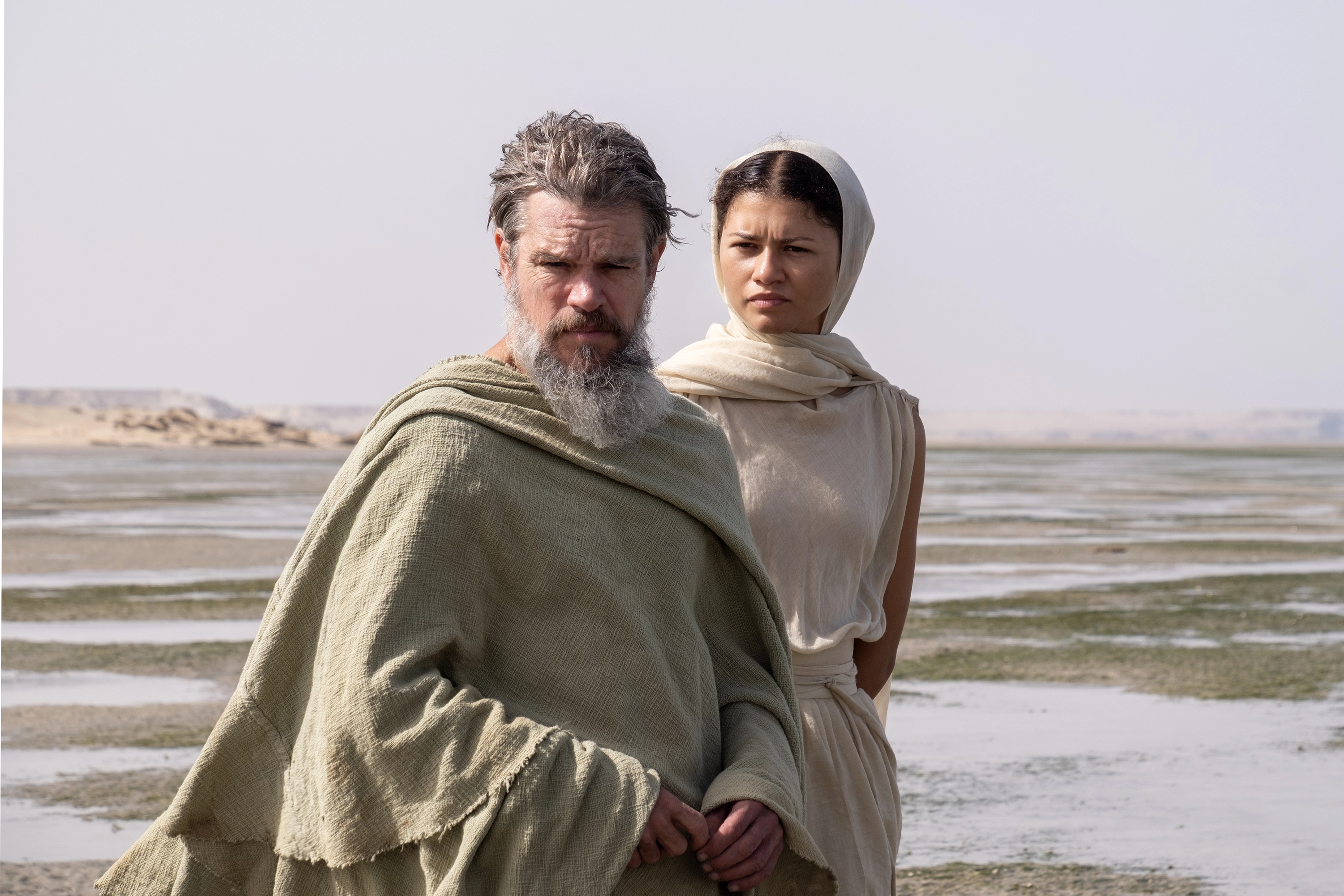 Matt Damon as Odysseus with Zendaya as Athena in Christopher Nolan’s The Odyssey.