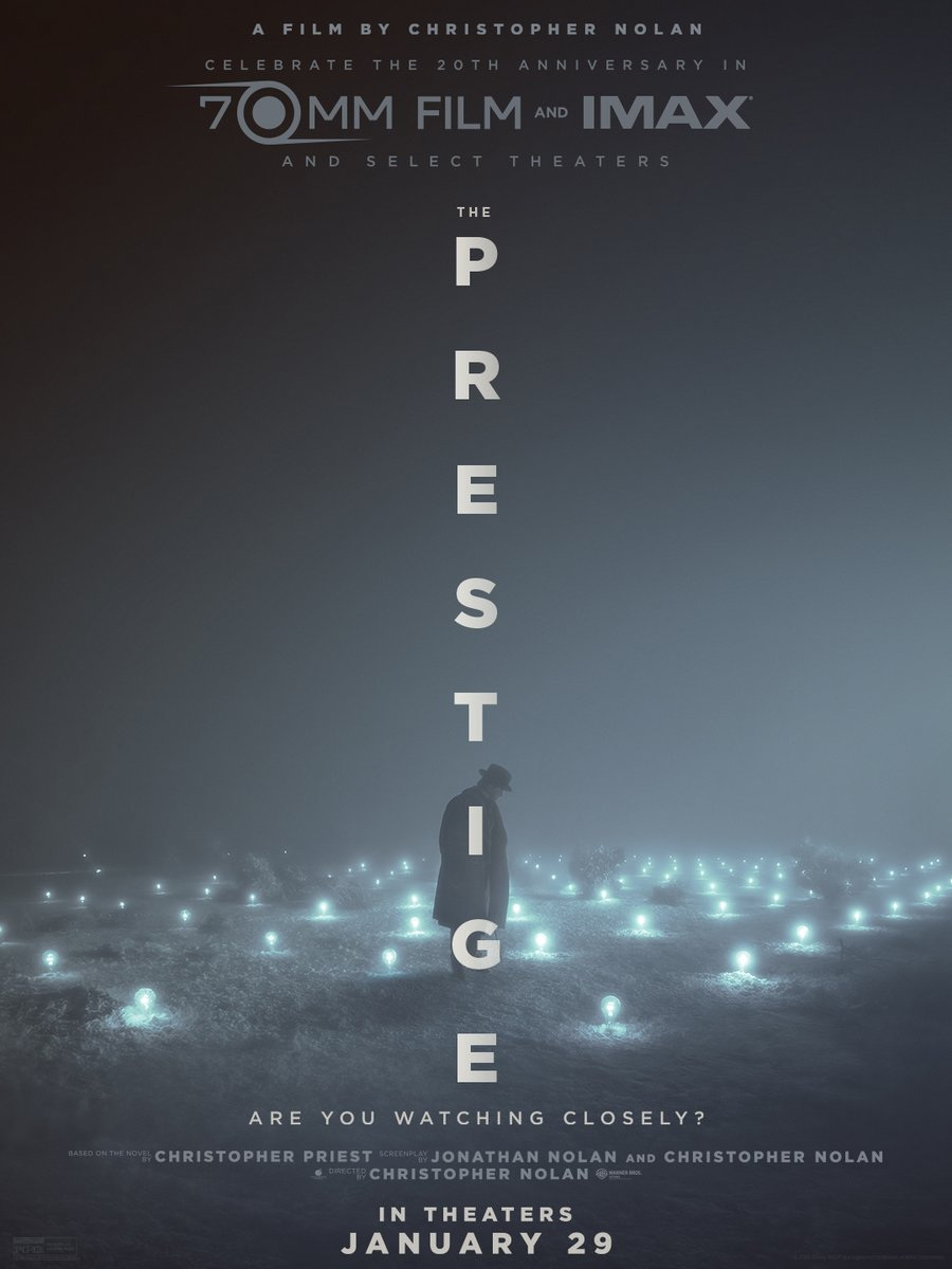 Disney’s The Prestige anniversary poster showing a silhouetted magician amid glowing lightbulbs, with 70mm, IMAX and January 29 wording.