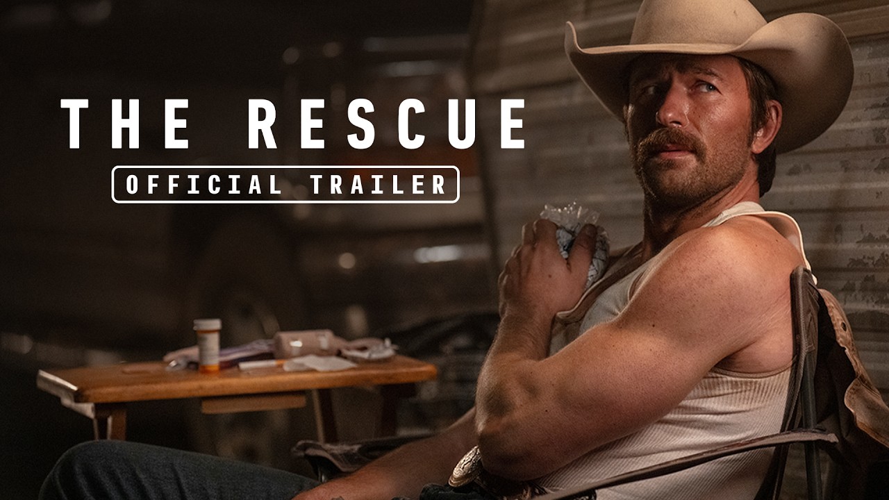 Brandon Sklenar appears in a cowboy hat beside the official trailer title for Paramount's The Rescue.