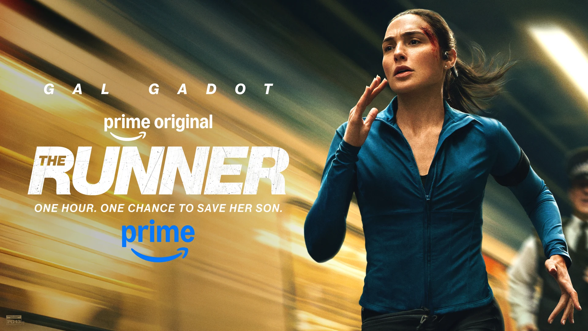 Official key art for The Runner showing Gal Gadot as Maia Marten running through a subway station, injured, with the tagline 'One hour. One chance to save her son.'