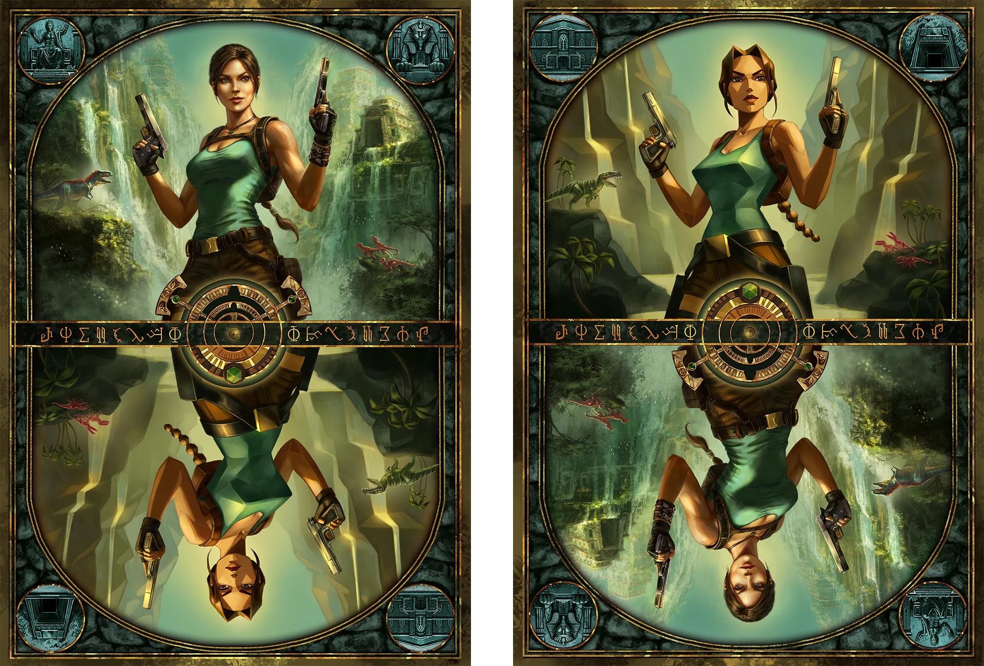 Two tarot-style anniversary panels pair modern Lara Croft with her polygonal 1996 counterpart, each mirrored upside down beneath the Scion.