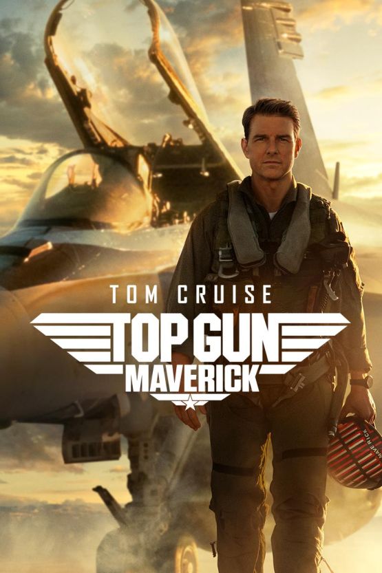 Paramount Pictures poster showing Tom Cruise as Maverick standing beside a fighter aircraft.