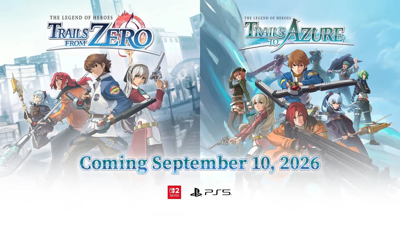 Official key art for The Legend of Heroes: Trails from Zero and The Legend of Heroes: Trails to Azure, showing the two games' protagonists and casts side by side.