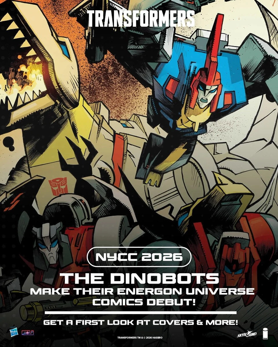Grimlock in dinosaur form with the Dinobots in Skybound’s official Transformers #42 NYCC 2026 campaign artwork.