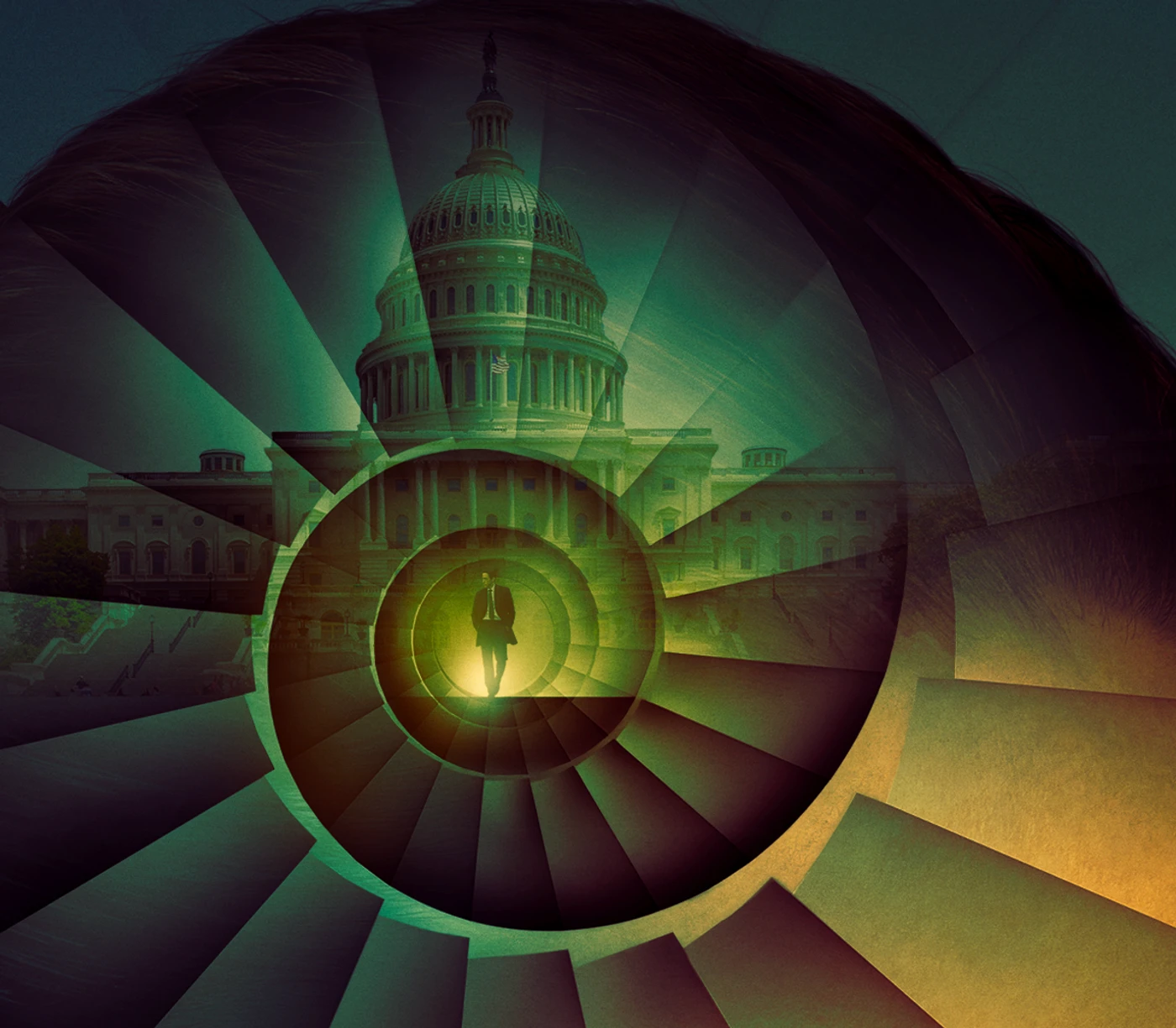 Detail from official Silo Season 3 key art showing a silhouetted figure in a suit walking down a spiral staircase toward the U.S. Capitol, representing Daniel Keene's descent into Silo 1.