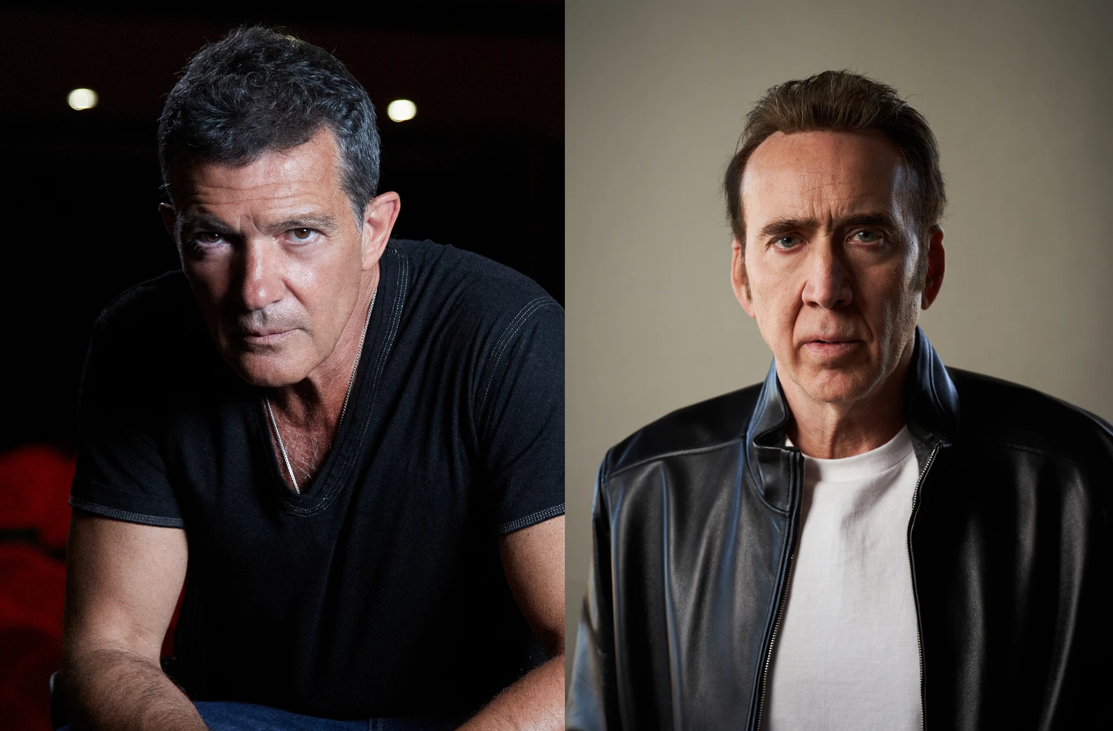 Antonio Banderas, left, and Nicolas Cage, right, in the portrait pairing distributed with HBO's True Detective Season 5 casting announcement.