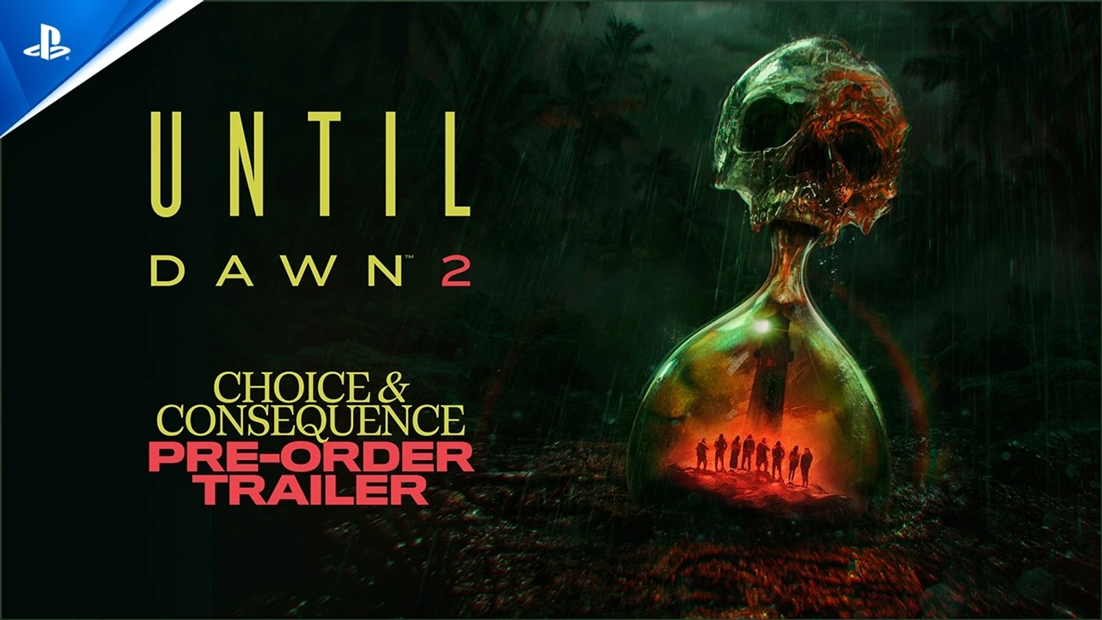 Official Until Dawn 2 key art showing an hourglass containing a skull above and the silhouetted Dead True crew standing on a beach below, with the January 28, 2027 pre-order trailer title card.