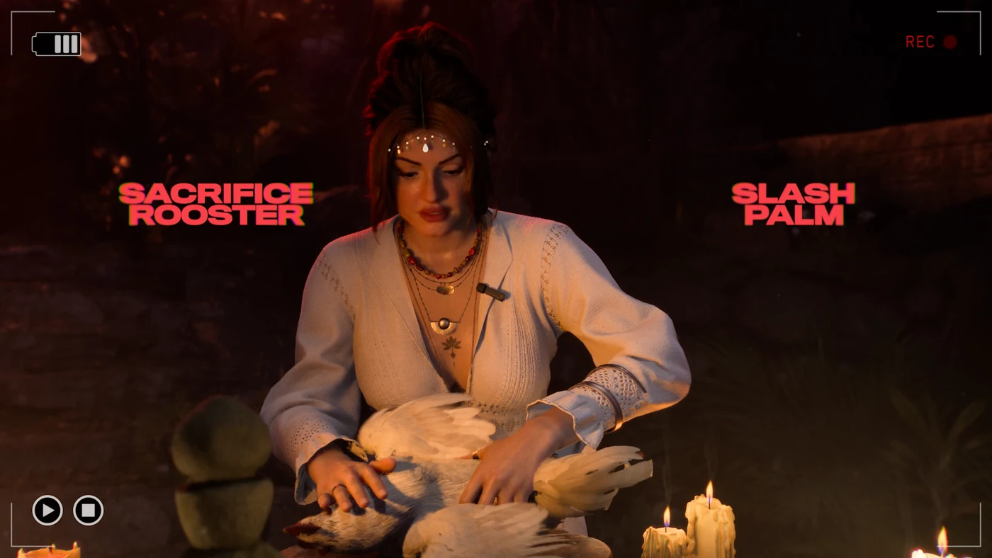 Mina performing a ritual in Until Dawn 2, with on-screen prompts reading Sacrifice Rooster and Slash Palm.