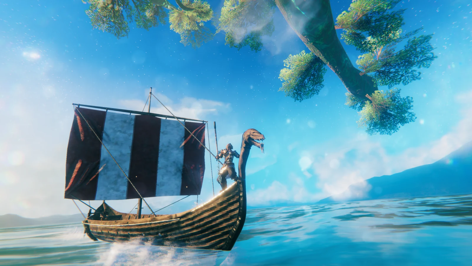 Official Valheim key art showing a Viking longship sailing beneath a large tree, with mountains in the distance.