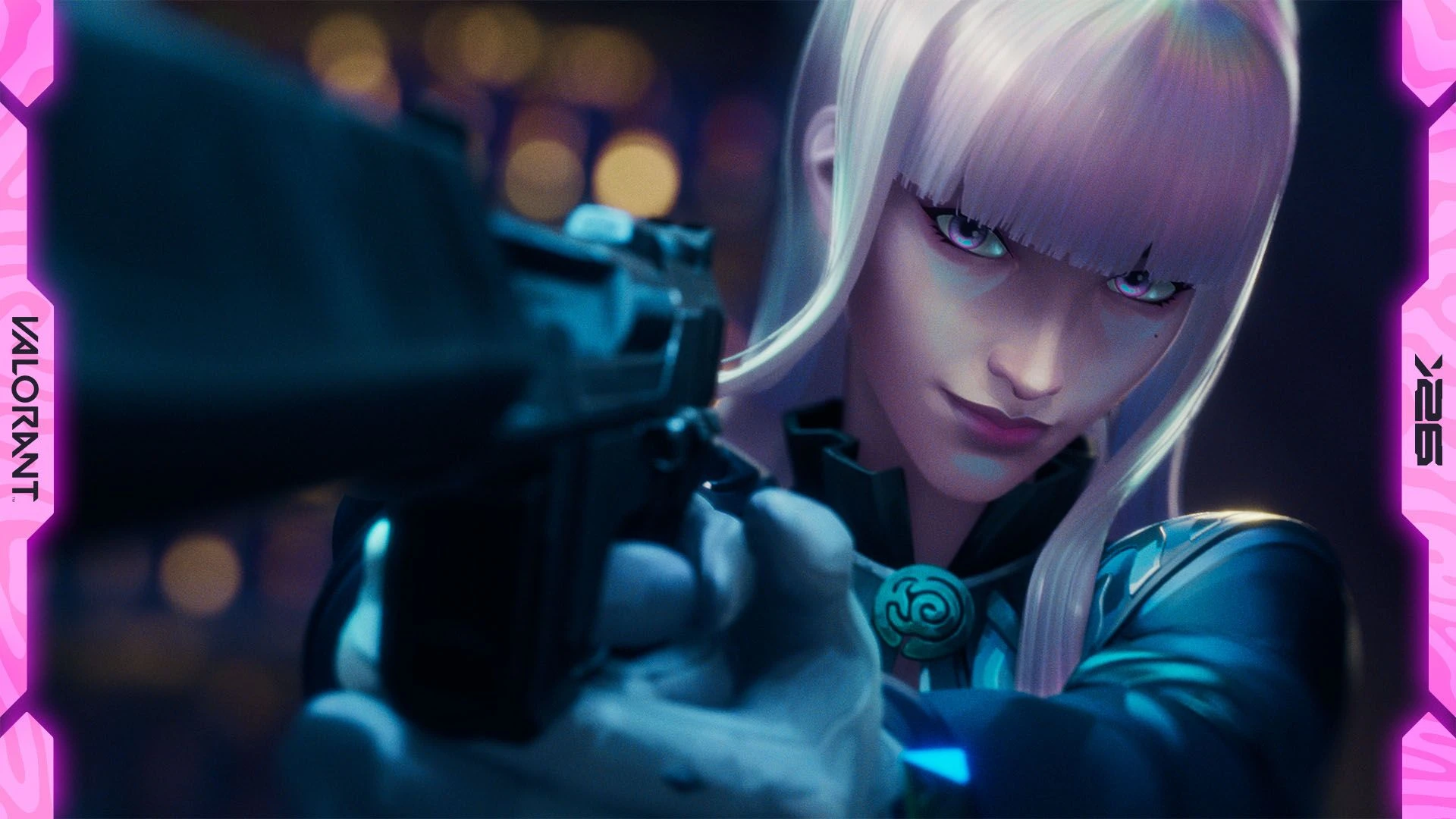 White-haired Hush aims a weapon in Riot Games' official VALORANT reveal trailer artwork.