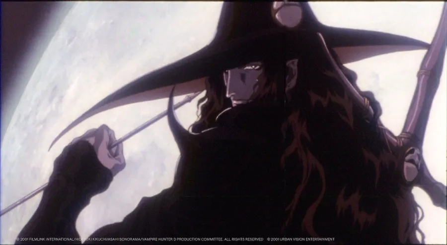 D stands beneath a wide-brimmed hat in an official Vampire Hunter D: Bloodlust still released by GKIDS.