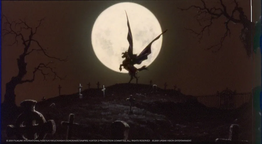 A cloaked figure silhouetted against a full moon in an official Vampire Hunter D: Bloodlust still released by GKIDS.