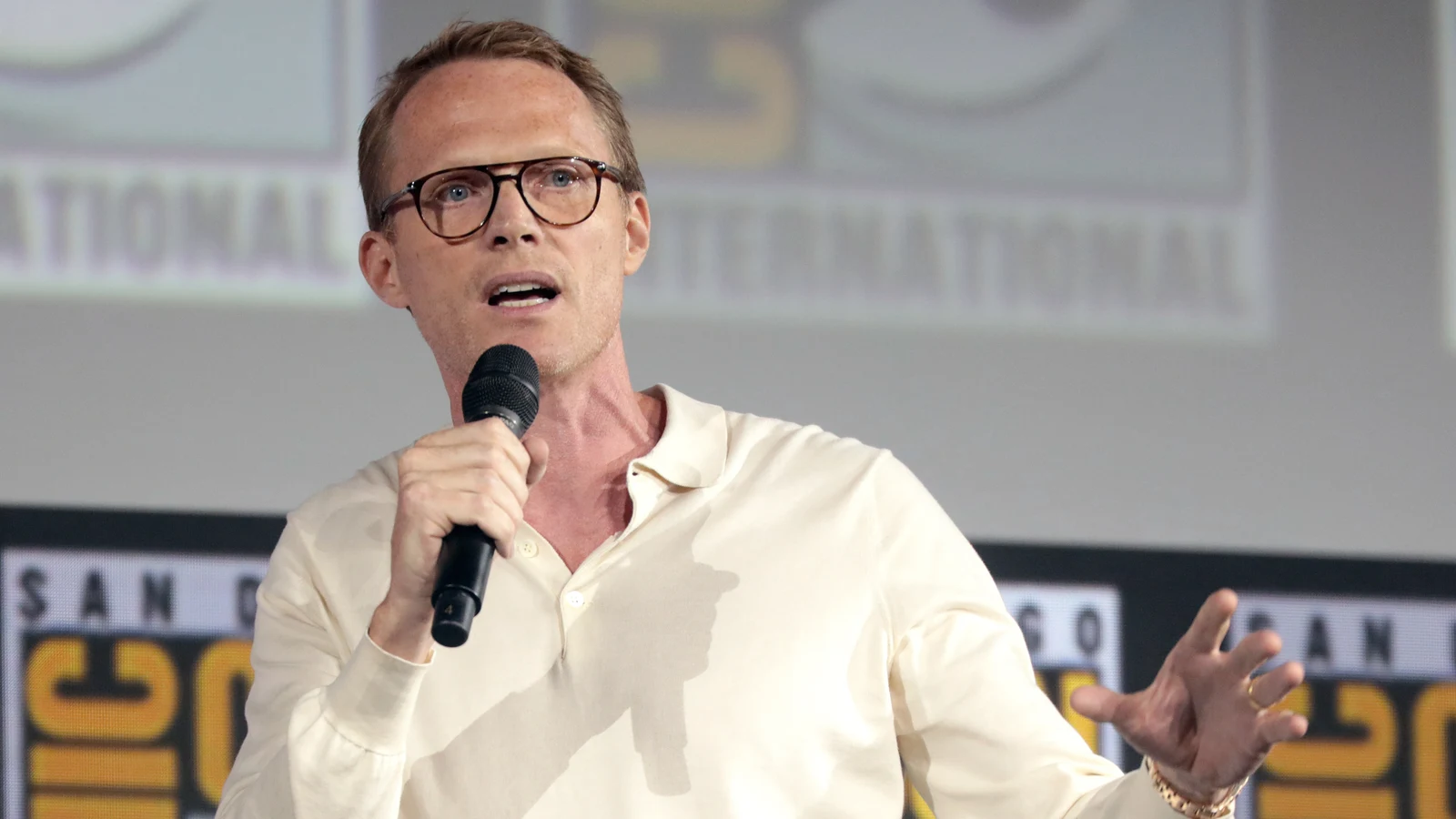 Paul Bettany speaking at the WandaVision panel at San Diego Comic-Con in 2019.