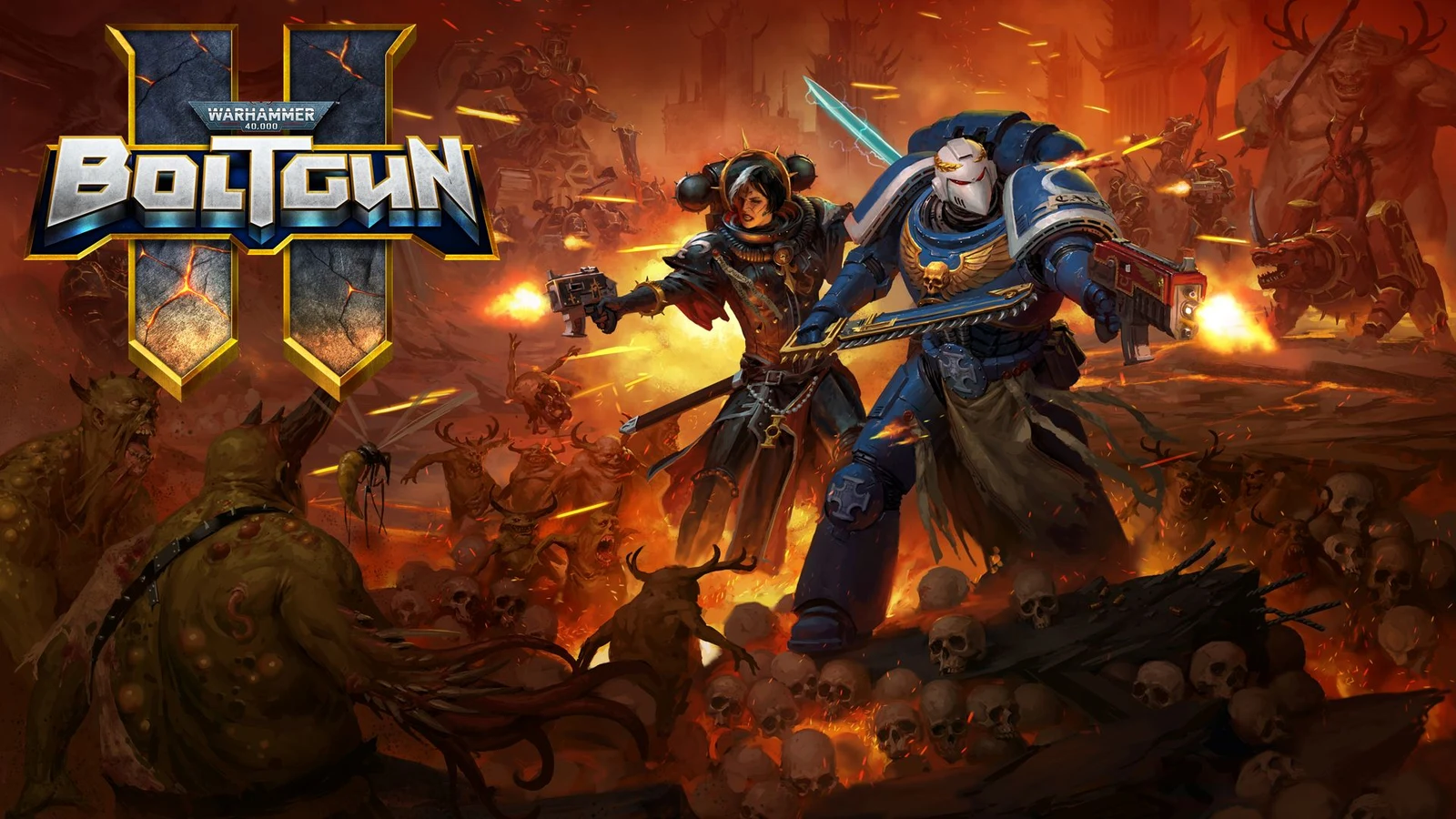 Official Boltgun 2 key art showing Nyra Veyrath and Malum Caedo fighting Chaos, with the game logo on the left.