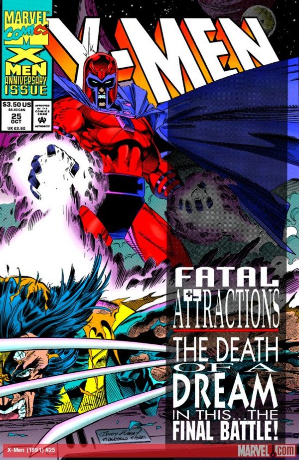 Cover of X-Men (1991) #25, the Fatal Attractions issue where Magneto rips the adamantium from Wolverine's body.