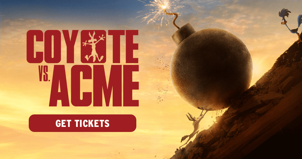 Official Coyote vs. Acme key art showing Wile E. Coyote and an Acme bomb on a cliffside.