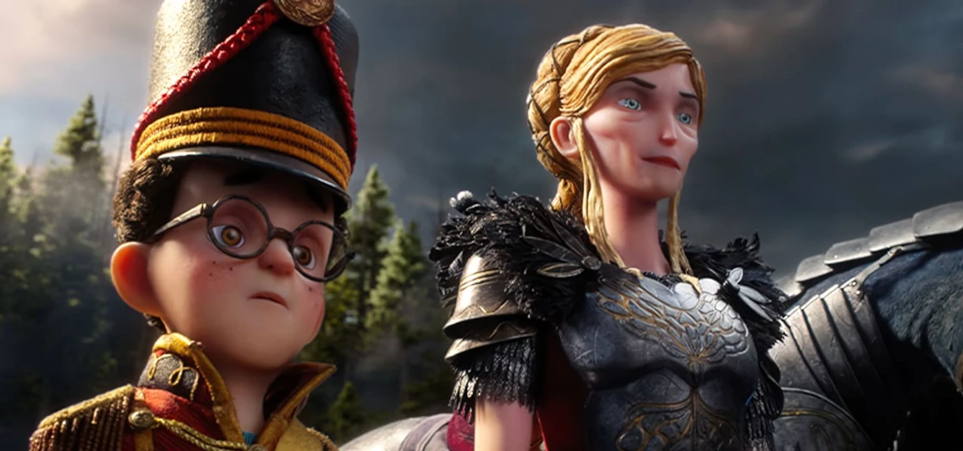 Curtis in a military-style uniform alongside an armored warrior in LAIKA's Wildwood.