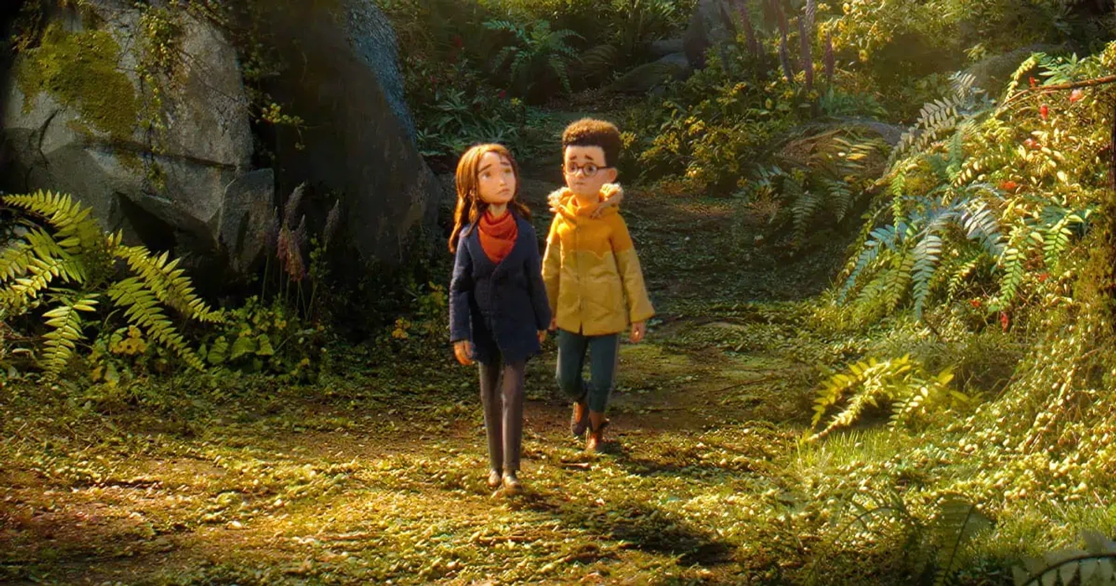 Prue McKeel and Curtis walking hand in hand into the Impassable Wilderness in LAIKA's Wildwood.