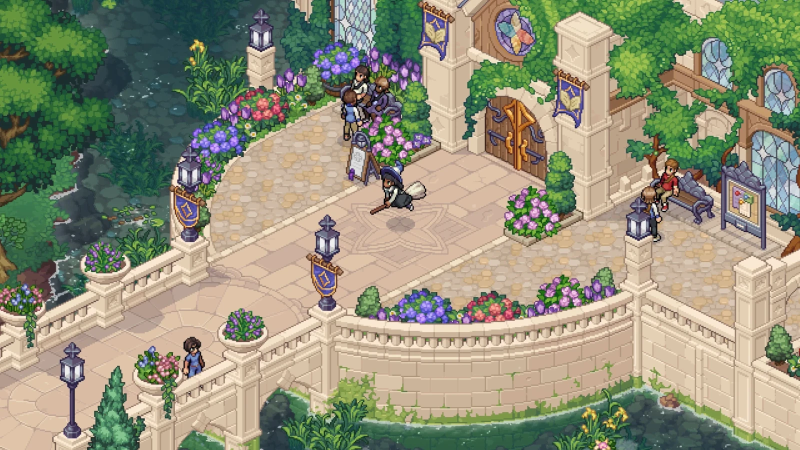 Students gather at the flower-lined stone bridge outside Witchbrook College in an official gameplay screenshot.