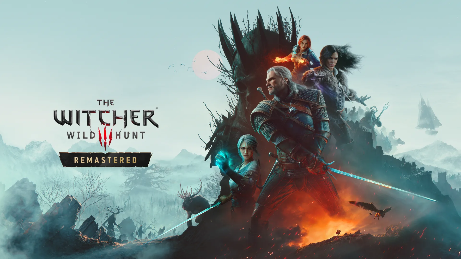 Official The Witcher 3: Wild Hunt — Remastered launch artwork showing Geralt, Ciri and Yennefer.