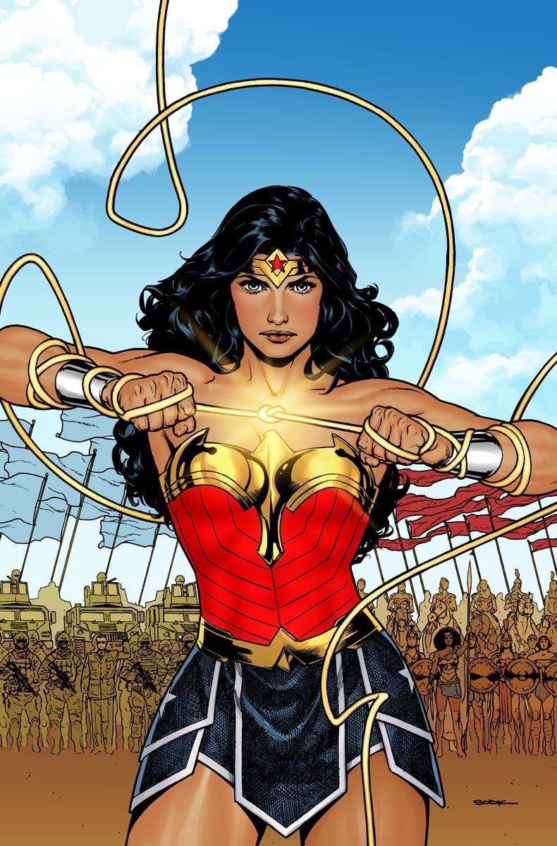 Wonder Woman holds her golden lasso before a crowd of Amazons in Ryan Sook’s main cover artwork for Wonder Woman #41.