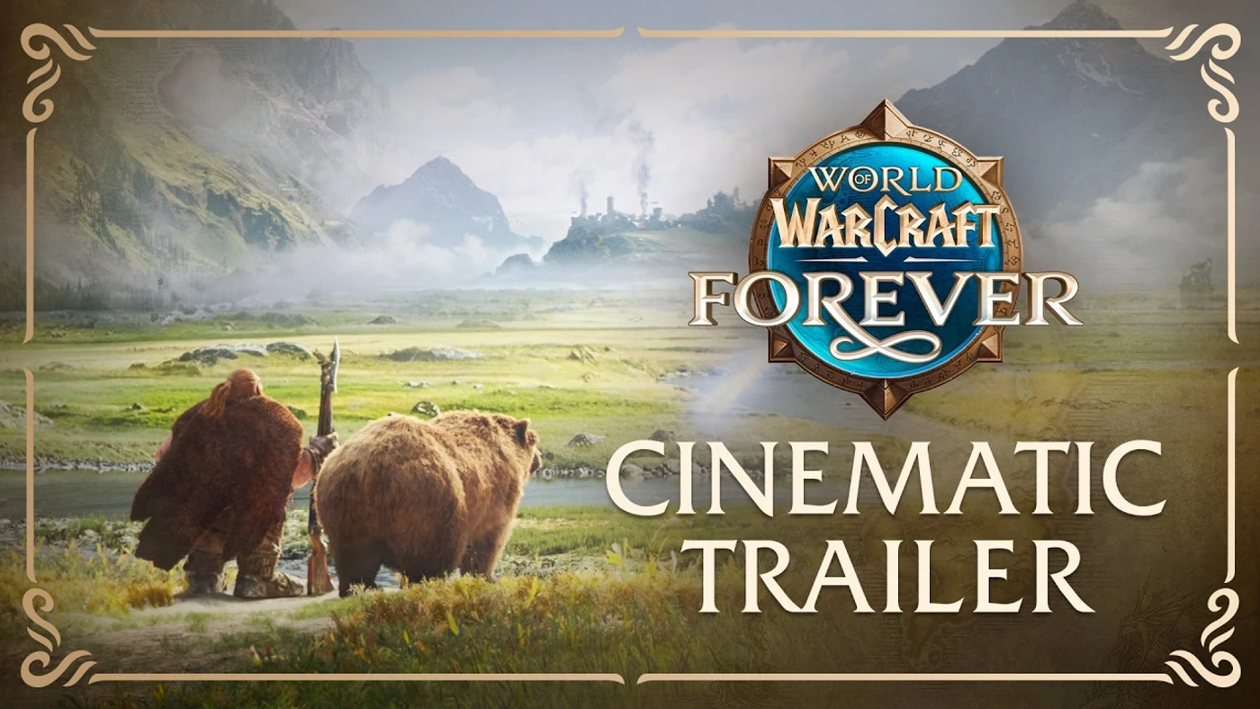 Official title card for the World of Warcraft: Forever cinematic trailer, showing a hunter and a bear looking out over a misty vanilla-era Azeroth landscape.