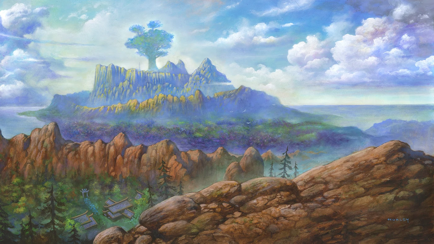 Blizzard Entertainment Concept art of a misty floating island with a large tree above sheer cliffs, similar to Zephras Isle in World of Warcraft: Forever.
