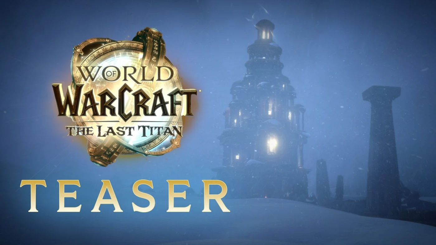 Official title card for World of Warcraft: The Last Titan's COLOSSAL teaser, showing a snow-covered temple silhouette in a blizzard.