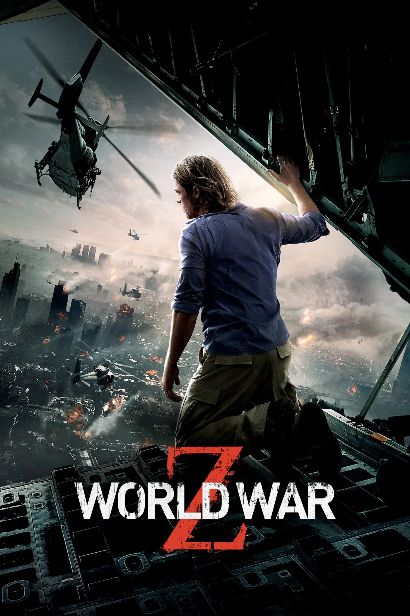 Official theatrical poster for World War Z (2013), showing Brad Pitt as Gerry Lane against a chaotic urban skyline.