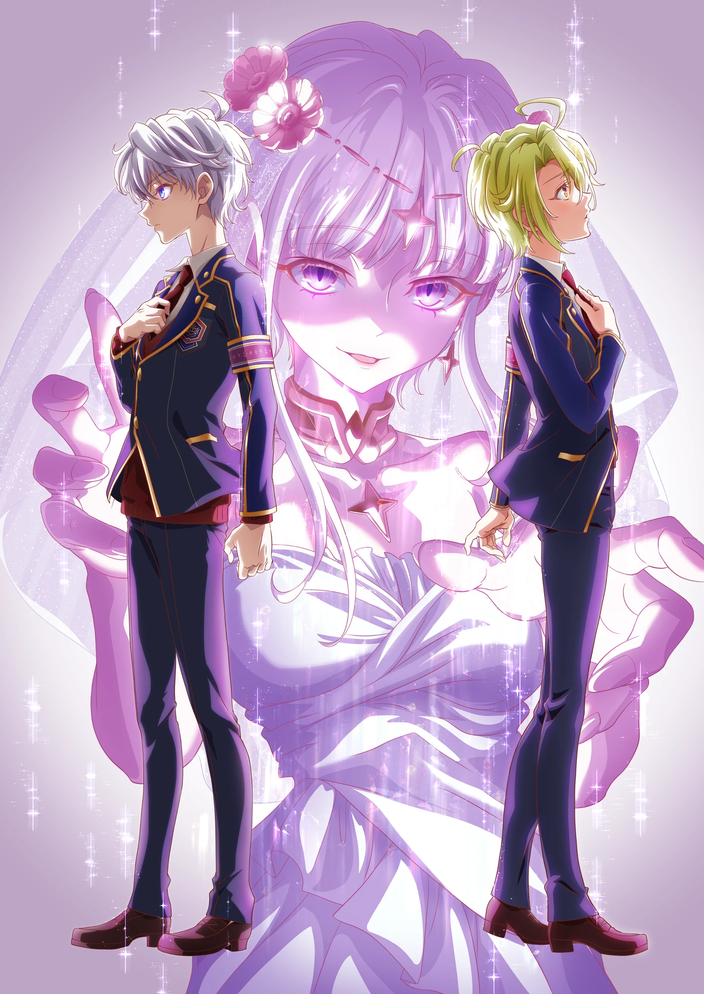 Official Season 2 key visual for The World's Finest Assassin Gets Reincarnated in Another World as an Aristocrat, showing Lugh and a fellow academy student in uniform standing back to back before a ghostly figure of the Goddess.