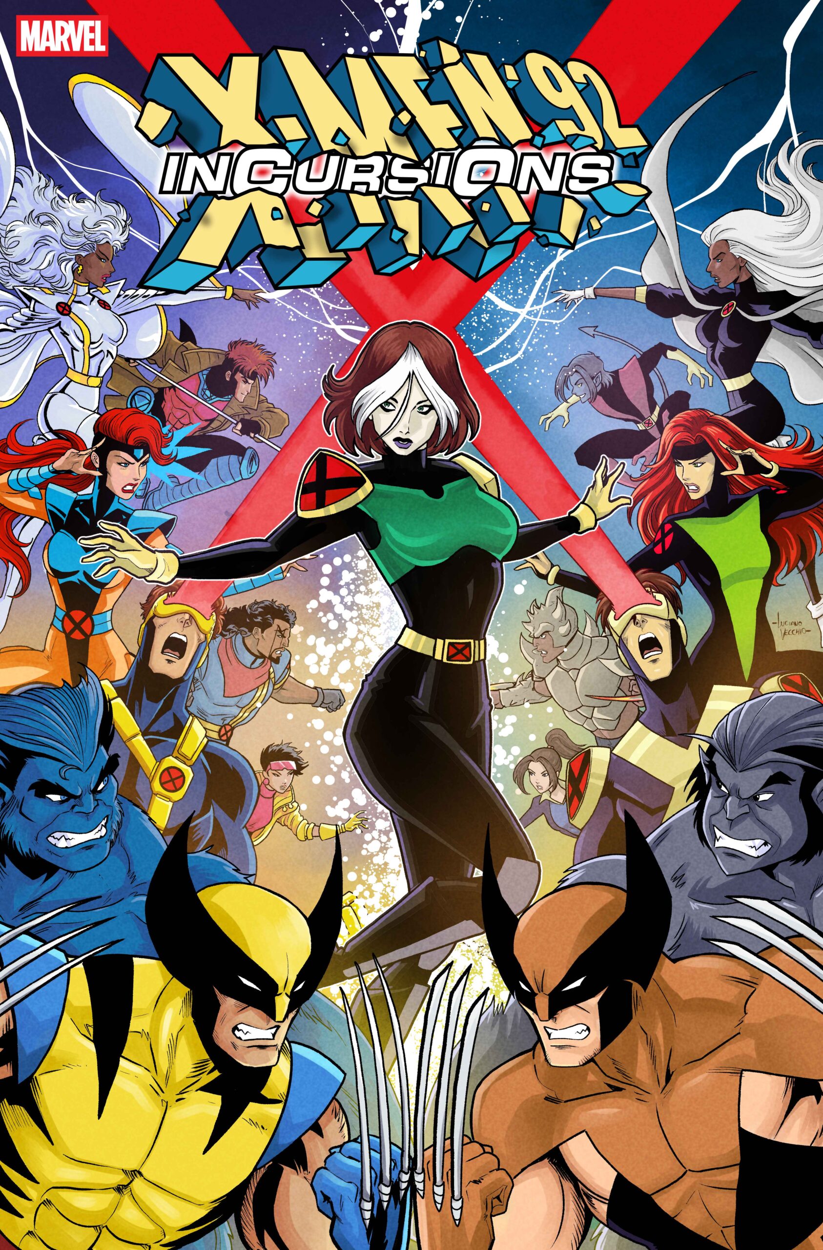 Luciano Vecchio's cover for X-Men ’92: Incursions #1 shows two versions of Rogue between the opposing X-Men teams.