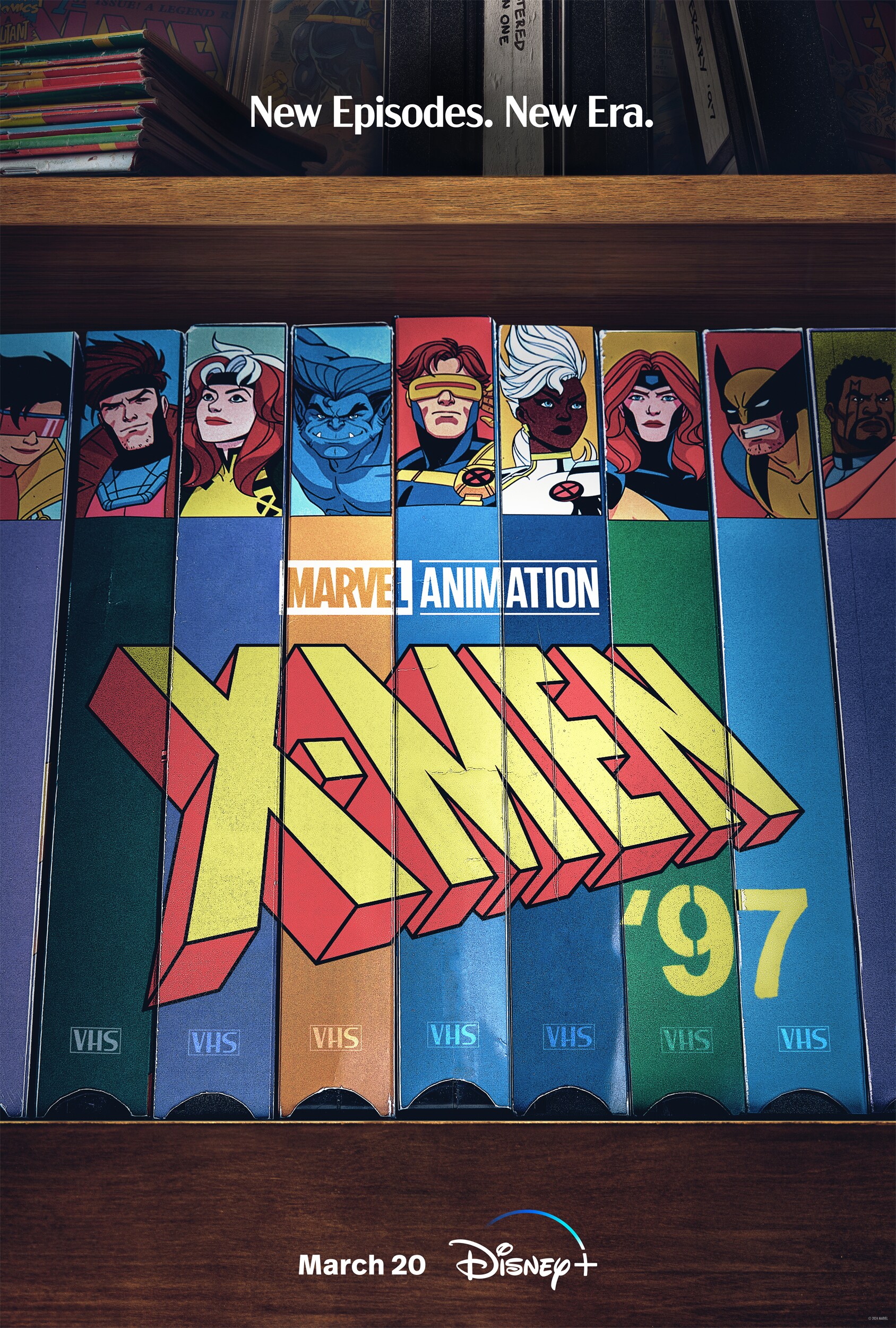 X-Men '97 Season 1 teaser poster styled as a row of VHS cases featuring members of the X-Men.