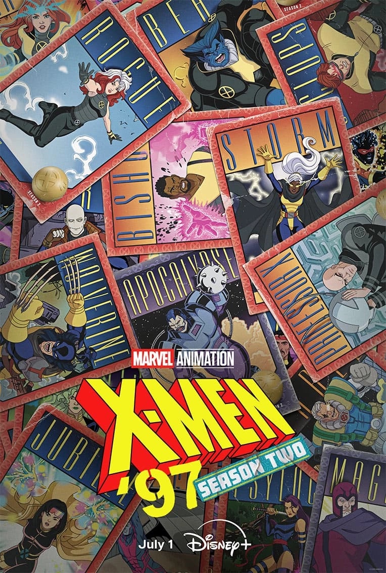 Official X-Men '97 Season 2 poster featuring the series' characters in trading-card-style artwork.