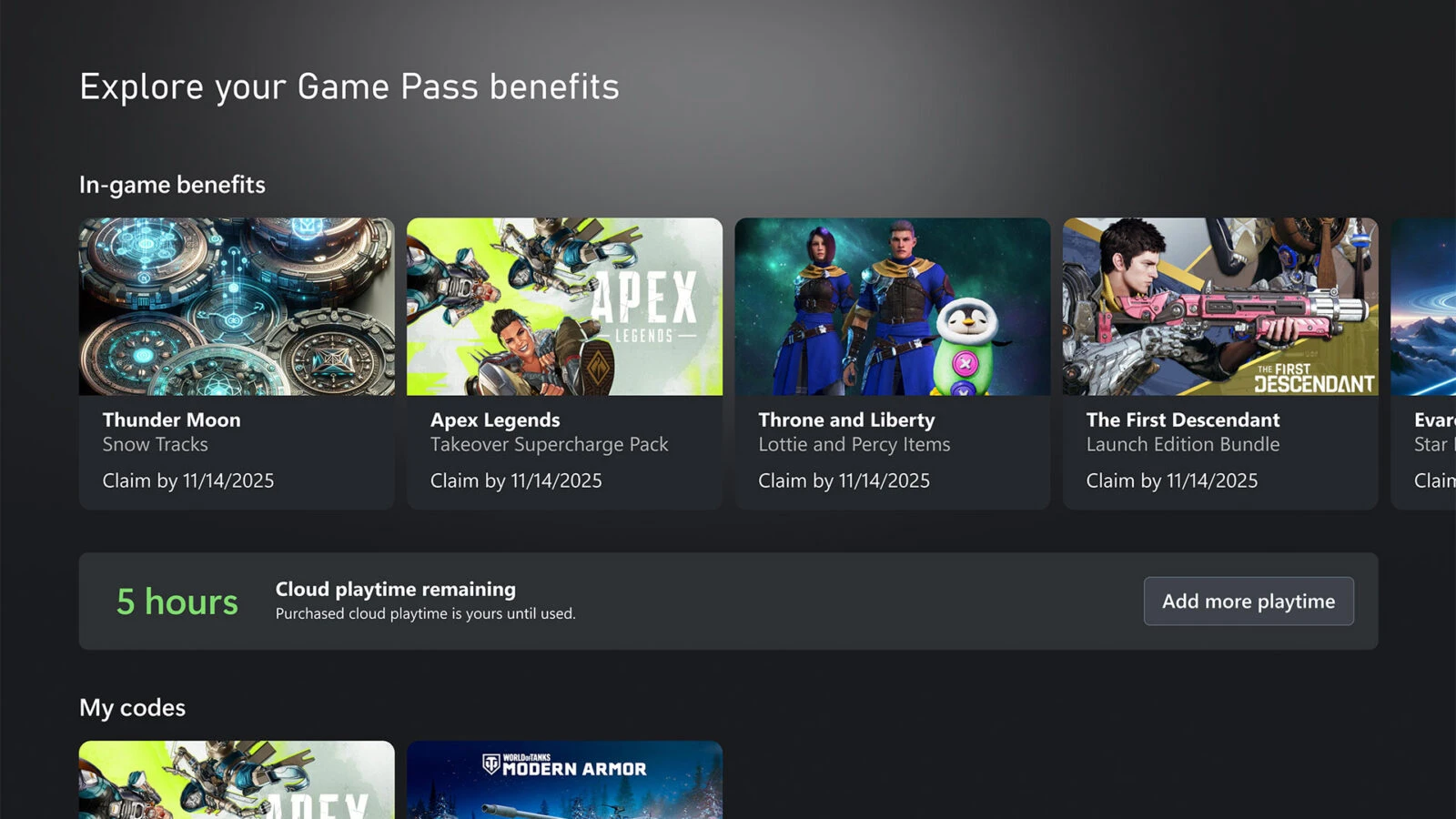 Official Xbox app screenshot showing a Cloud Playtime Remaining panel reading '5 hours' with the note 'Purchased cloud playtime is yours until used' and an Add More Playtime button.