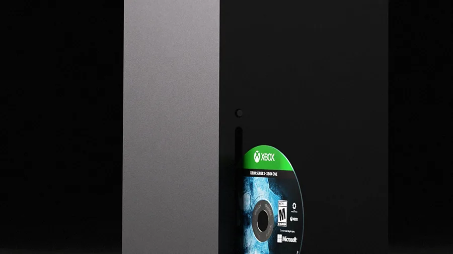 Xbox Series X console with a physical Xbox game disc in its drive, cropped from Microsoft's official Disc to Digital announcement graphic.