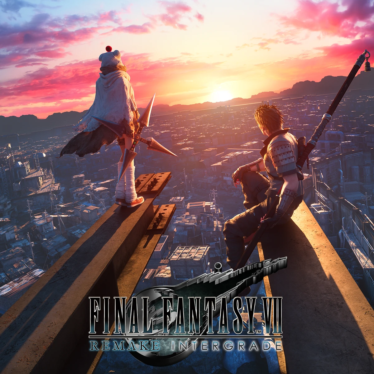 Cloud Strife and Yuffie overlook Midgar at sunset in official Final Fantasy VII Remake Intergrade key art, with the game logo below.