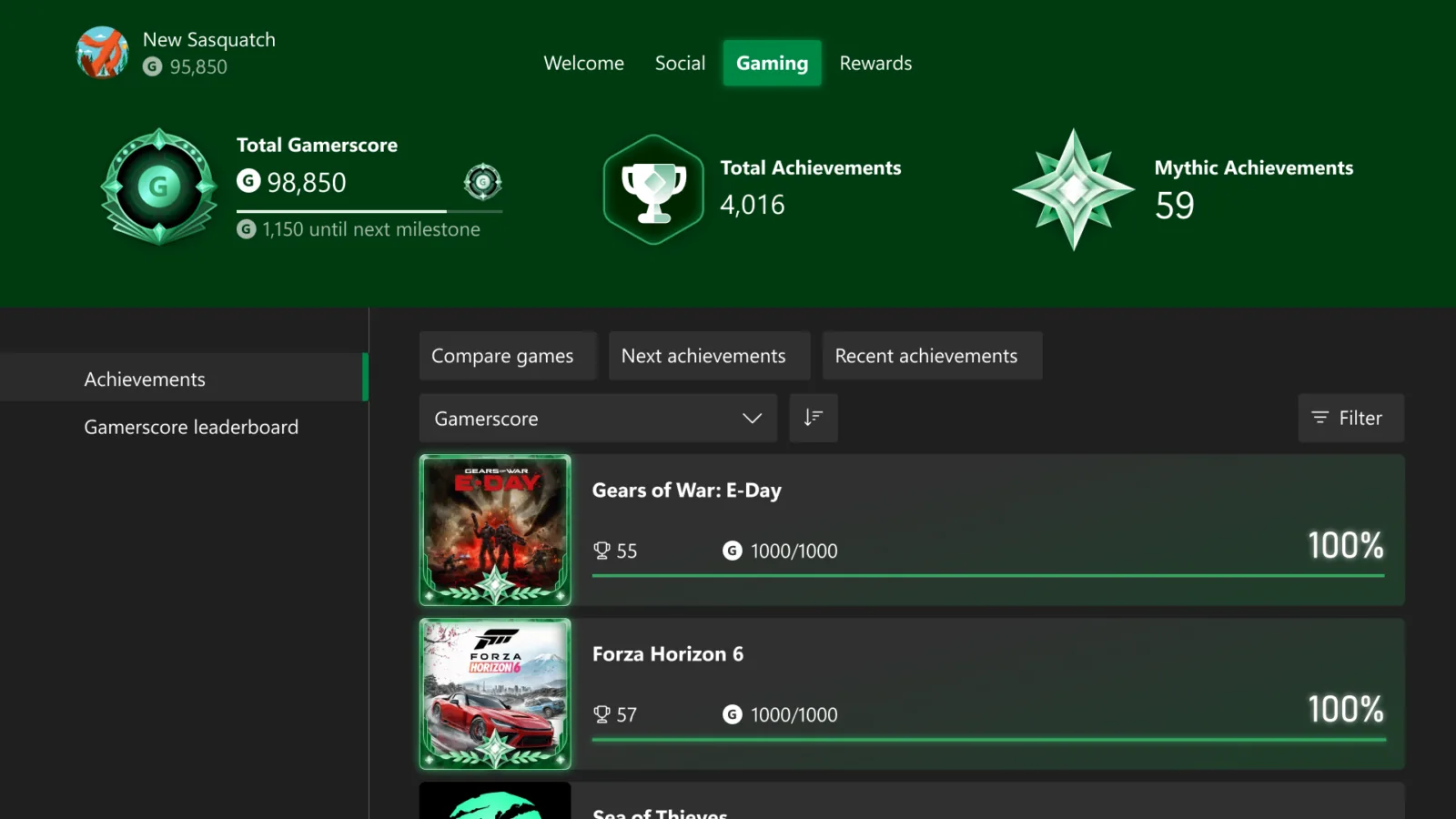 Official Xbox preview of the new Gaming profile tab showing Mythic Achievement totals and completed games.