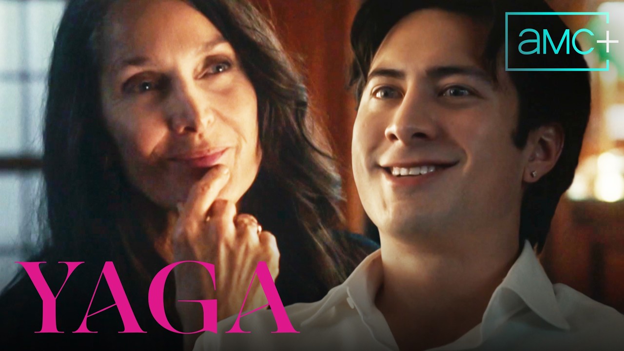 Carrie-Anne Moss and Hudson Williams appear beside the Yaga title in AMC+'s official trailer image.