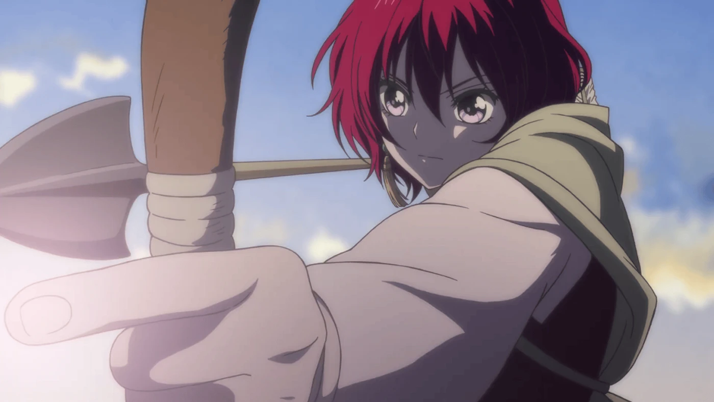 Red-haired Princess Yona draws a bow in an archival promotional frame from the original Yona of the Dawn anime.