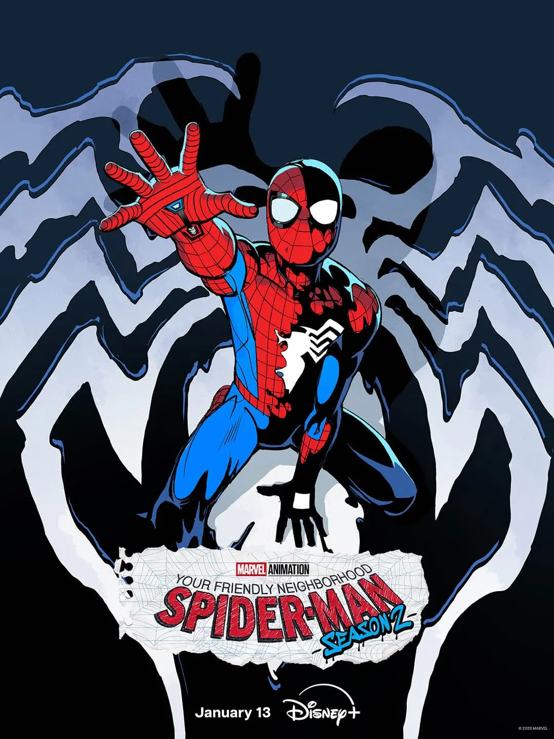 Official season 2 poster showing Spider-Man's red-and-blue costume partly covered by a black symbiote, with a large white spider emblem behind him.