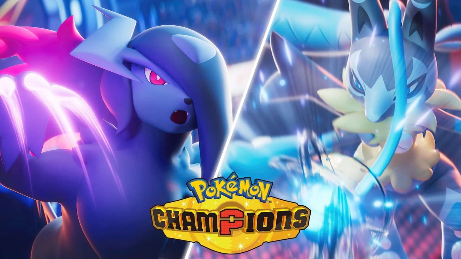 Official Pokémon Champions trailer still showing Mega Absol and Mega Lucario mid-battle, split by the Pokémon Champions logo.
