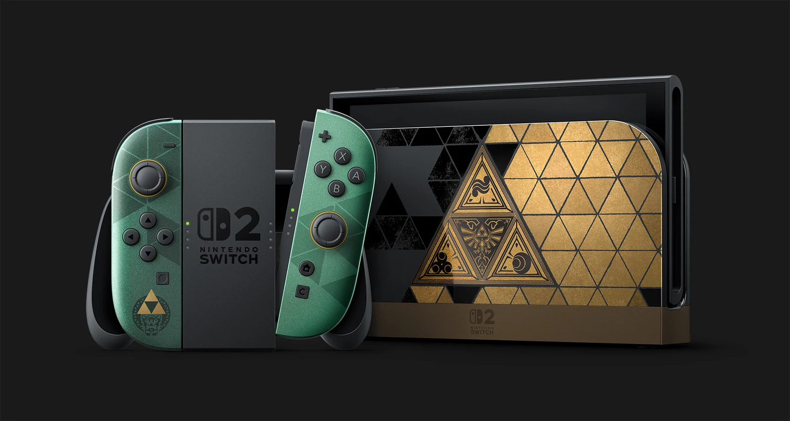 Nintendo Switch 2 Zelda 40th Anniversary Edition console with green and gold Joy-Con 2 controllers and a black and gold Triforce dock.